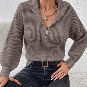 Large Frenchy Half Zip Drop Shoulder Grain Sweater - SHEIN